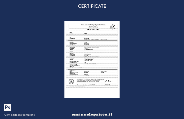 modello di versione del certificato di nascita dell'Australia Meridionale in s 1